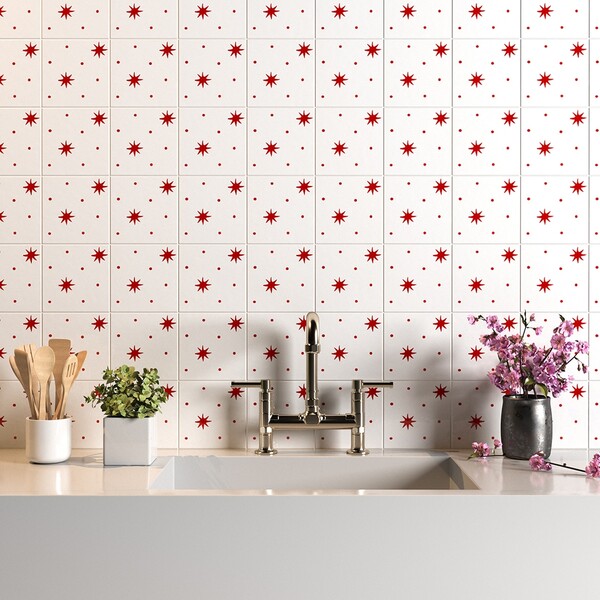 white and red patterned ceramic backsplash tile