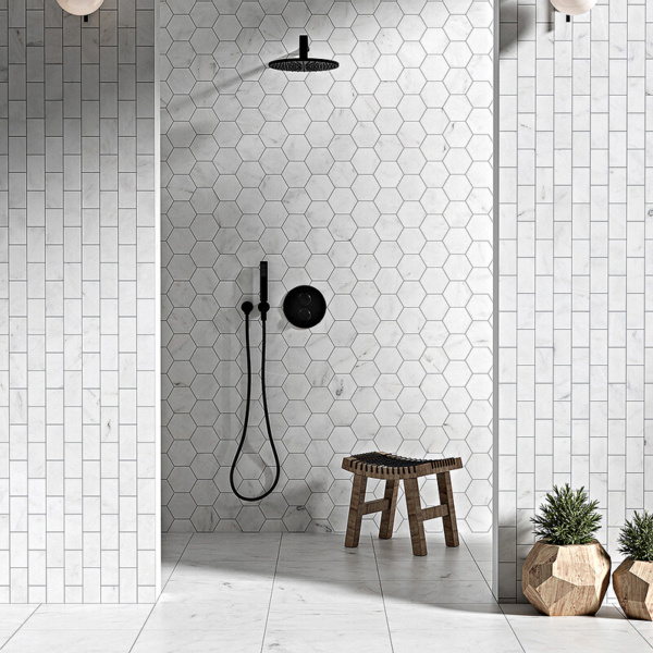 white shower tiles