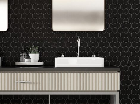 black hexagon tile backsplash