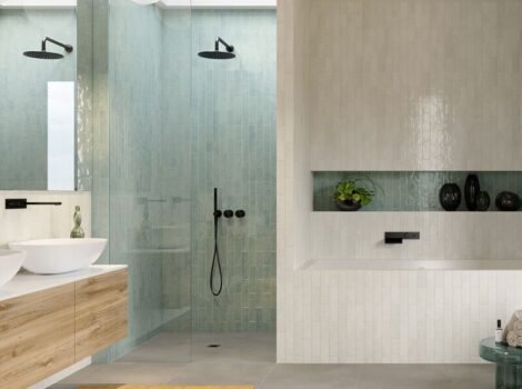 blue porcelain tile on curbless shower