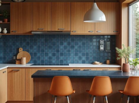 mid century modern kitchen with navy backsplash