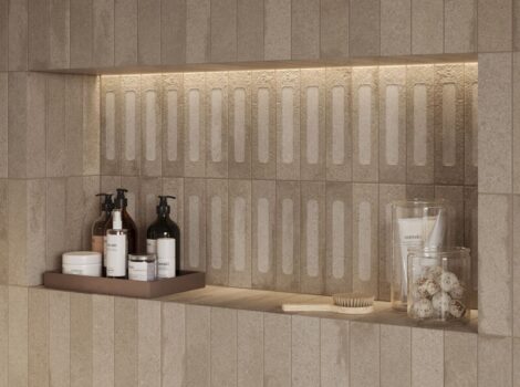 tiled shower niche with beige brick tile