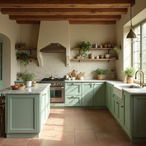 light green countertop with sage green kitchen cabinetry