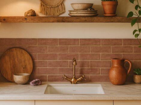 dusty pink tile on an earthy boho kitchen design