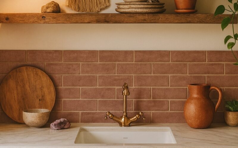 dusty pink tile on an earthy boho kitchen design