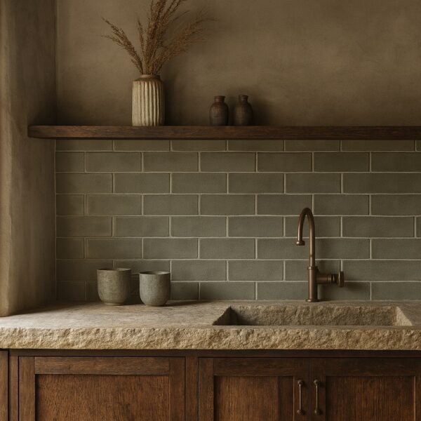 gray brick tile on wabi sabi kitchen