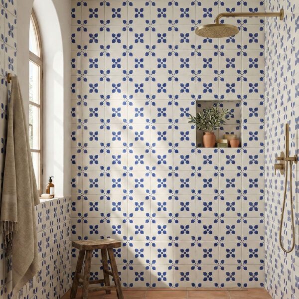 modern mediterranean shower with hand painted ceramic tiles for shower walls