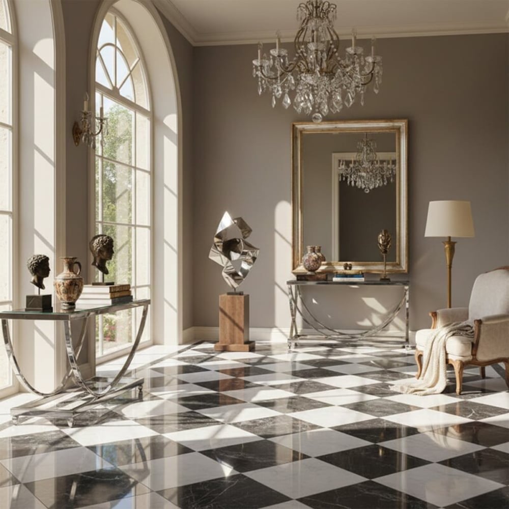 schwarz-weiß karierte Bodenfliesen im Eingangsbereich