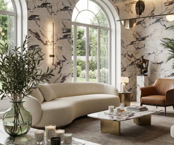 calacatta viola marble design with modern maximalist interior design