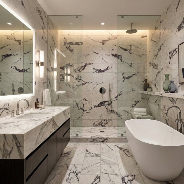 calacatta viola marble bathroom design