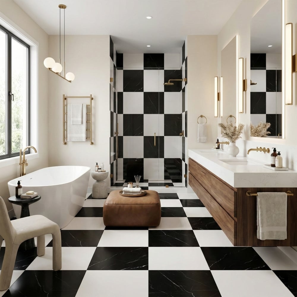 schwarz-weiß karierte Badezimmerbodenfliesen