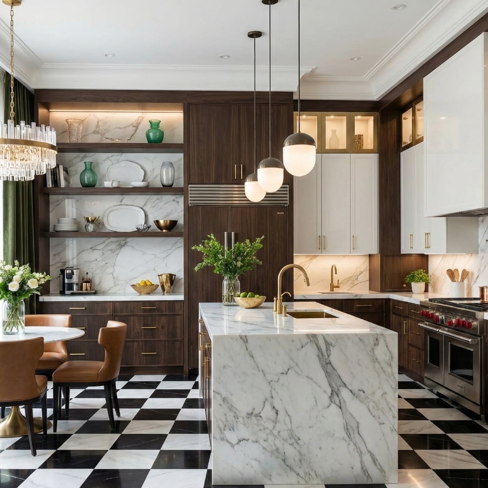 schwarz-weiß karierte Küchenbodenfliesen