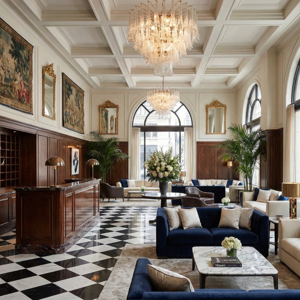 schwarz-weiß karierte Hotelbodenfliesen