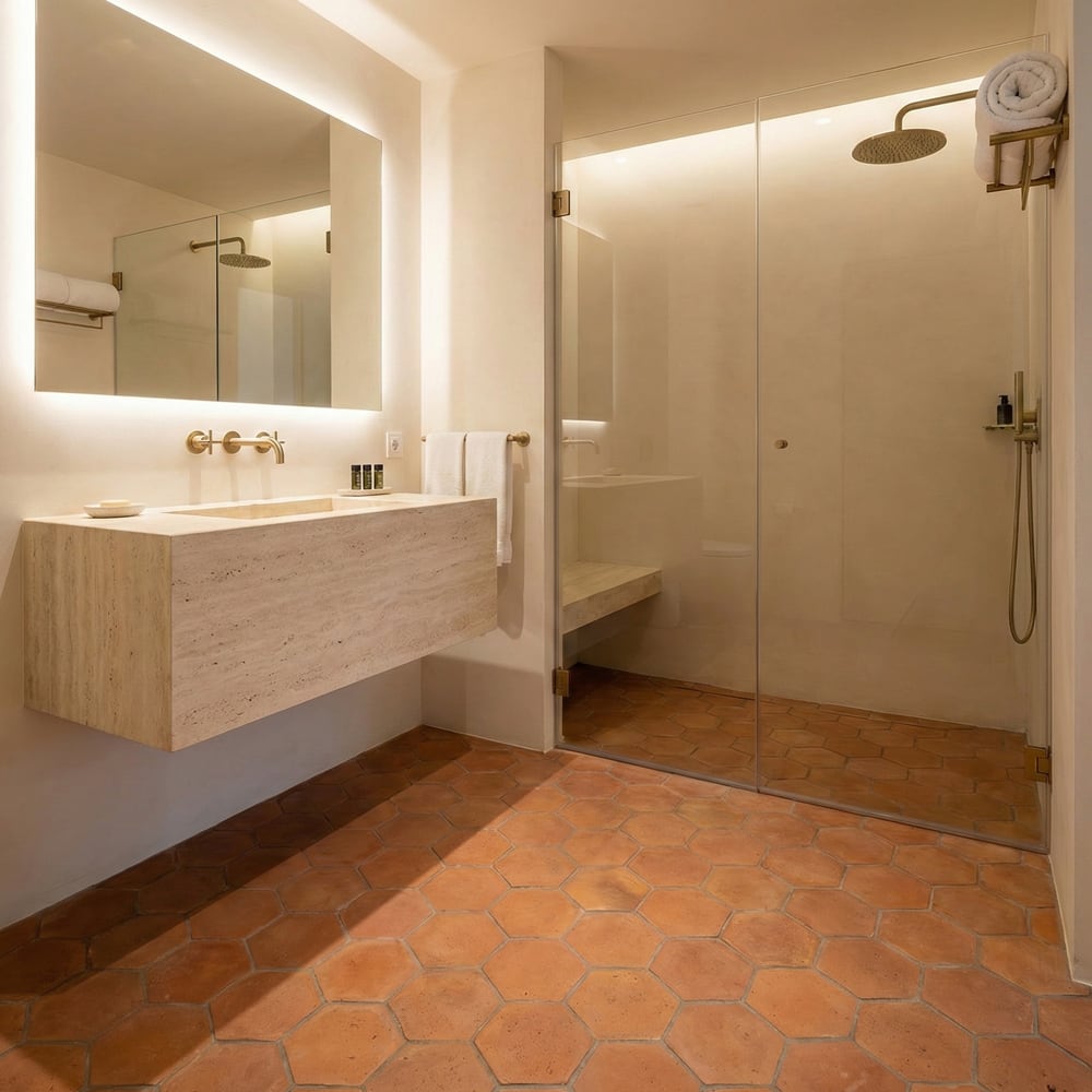 hexagon terracotta floor tile in a modern bathroom design