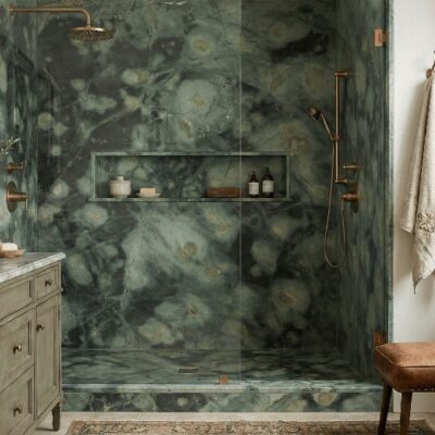 green marble slab shower wall design