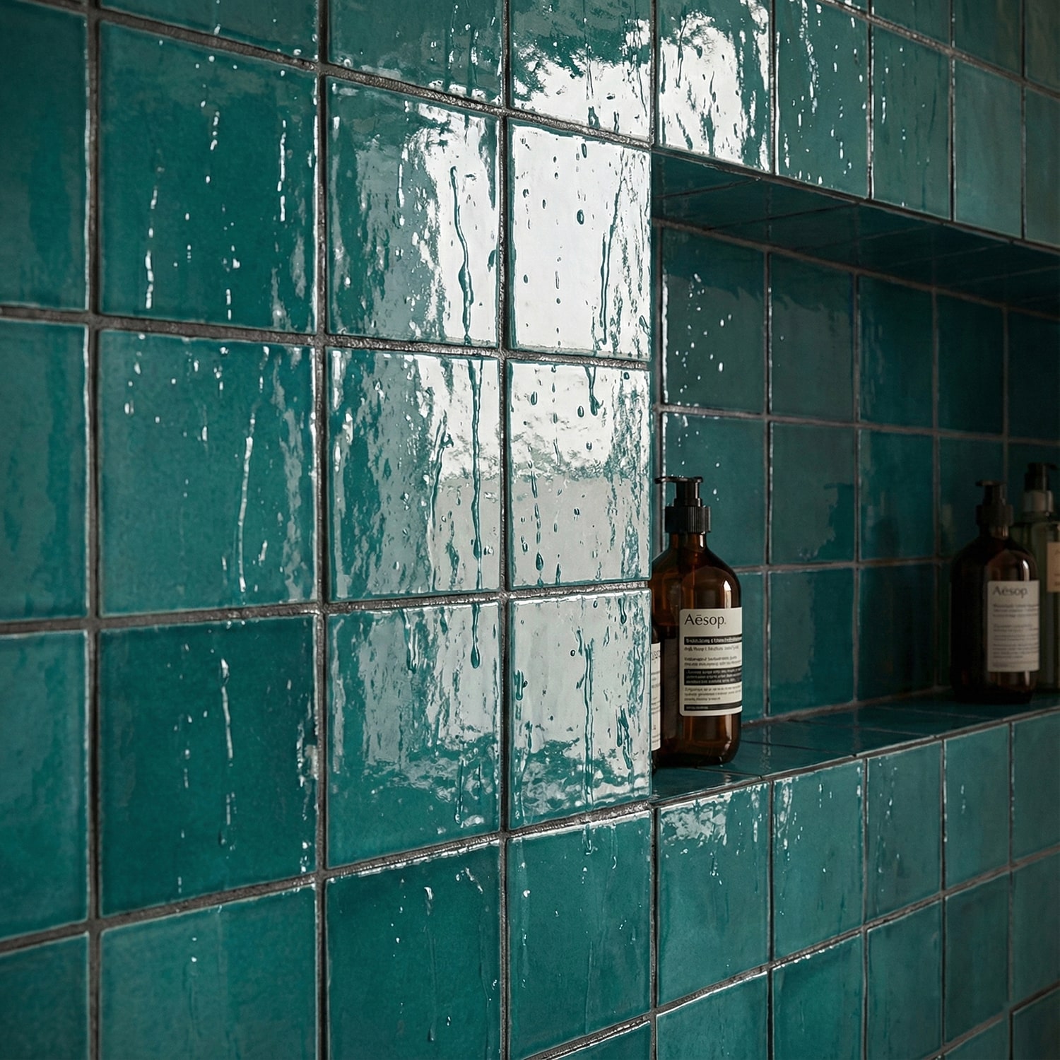 shower niche made with zellige bathroom tile options in green