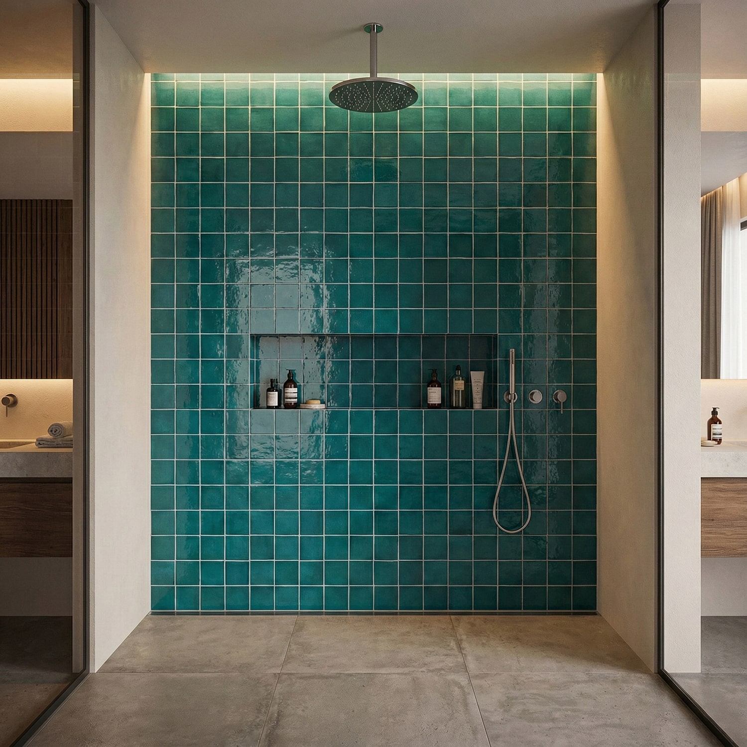 dark green zellige tile bathroom and shower design