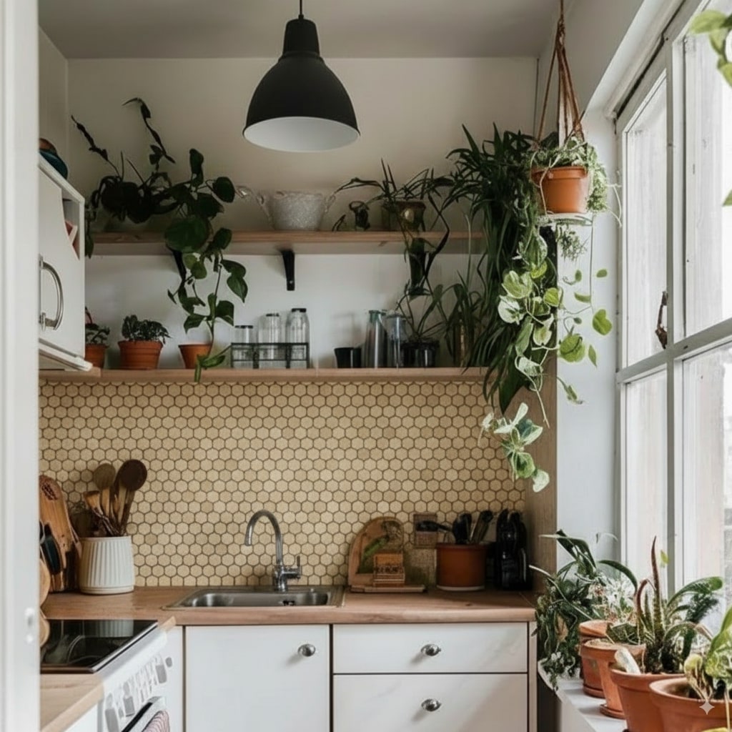 beige marble hexagon mosaic backsplash with white cabinets