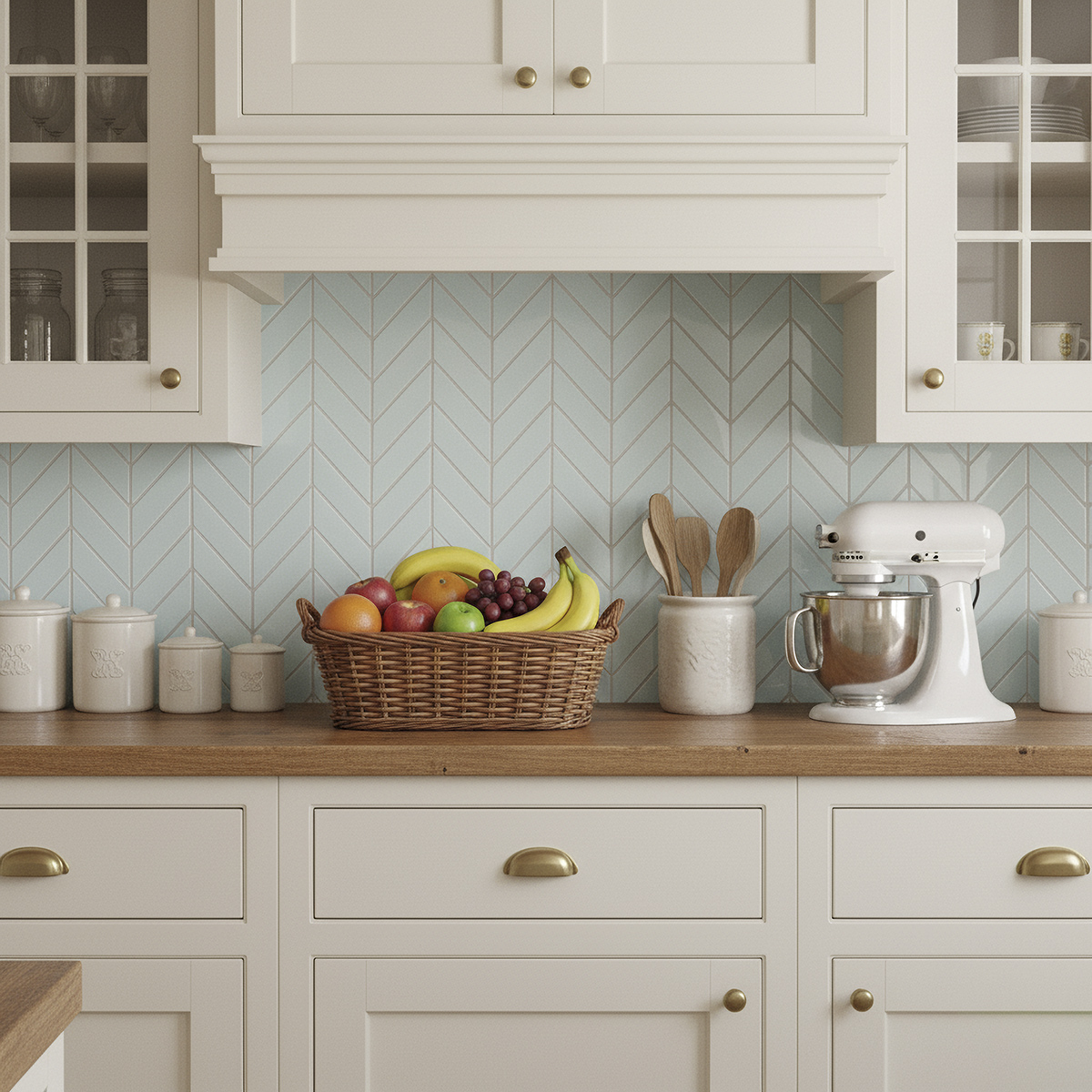 chevron farmhouse backsplash with white cabinets