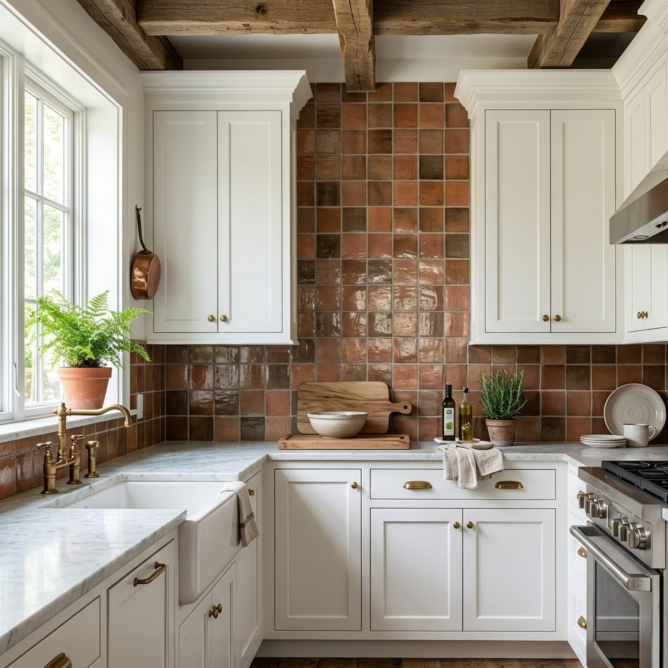 farmhouse kitchen backsplash with white cabinets
