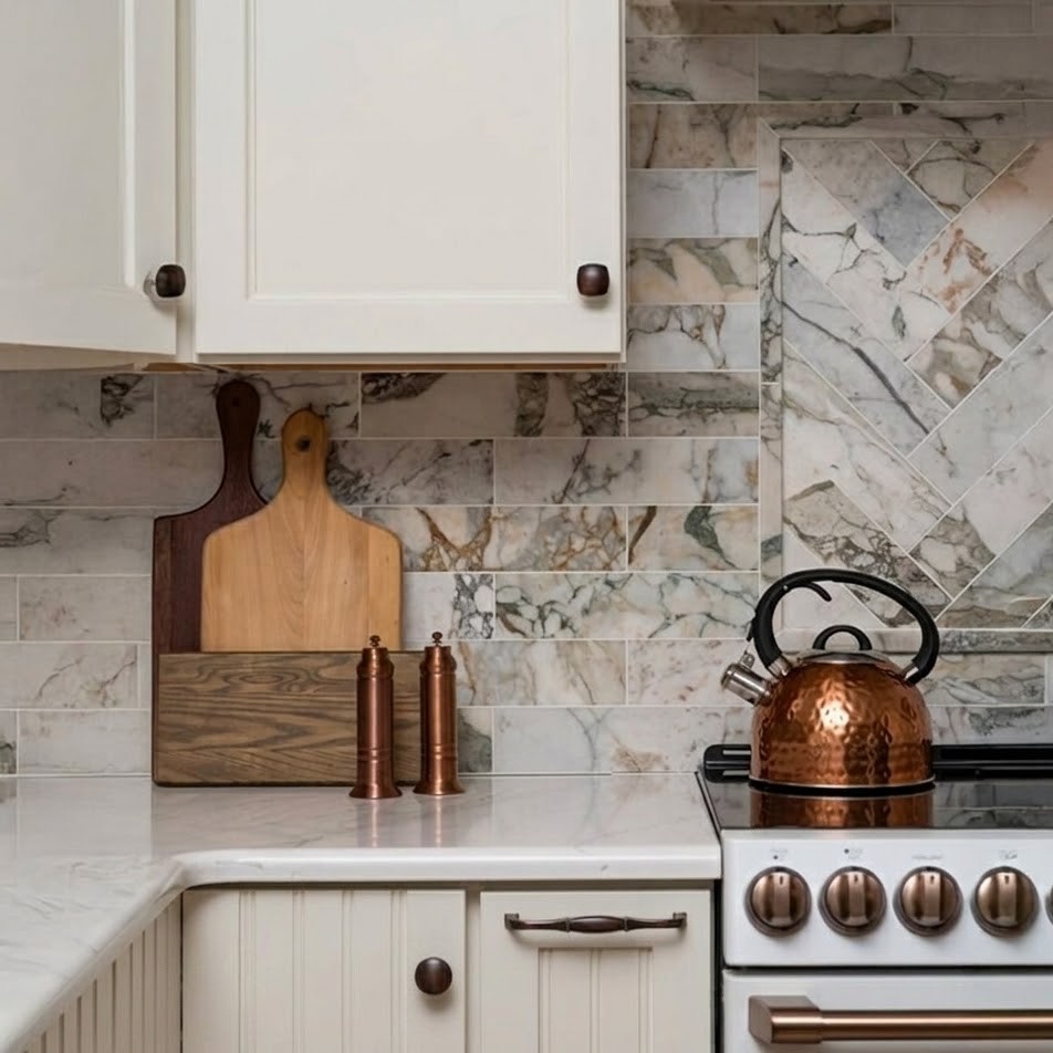 green marble farmhouse backsplash with white cabinets