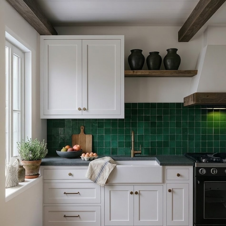 green zellige farmhouse backsplash with white cabinets
