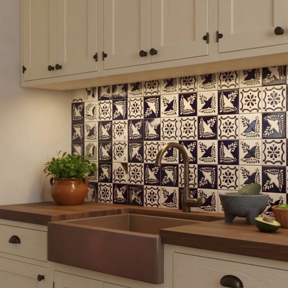 terracotta farmhouse backsplash with white cabinets