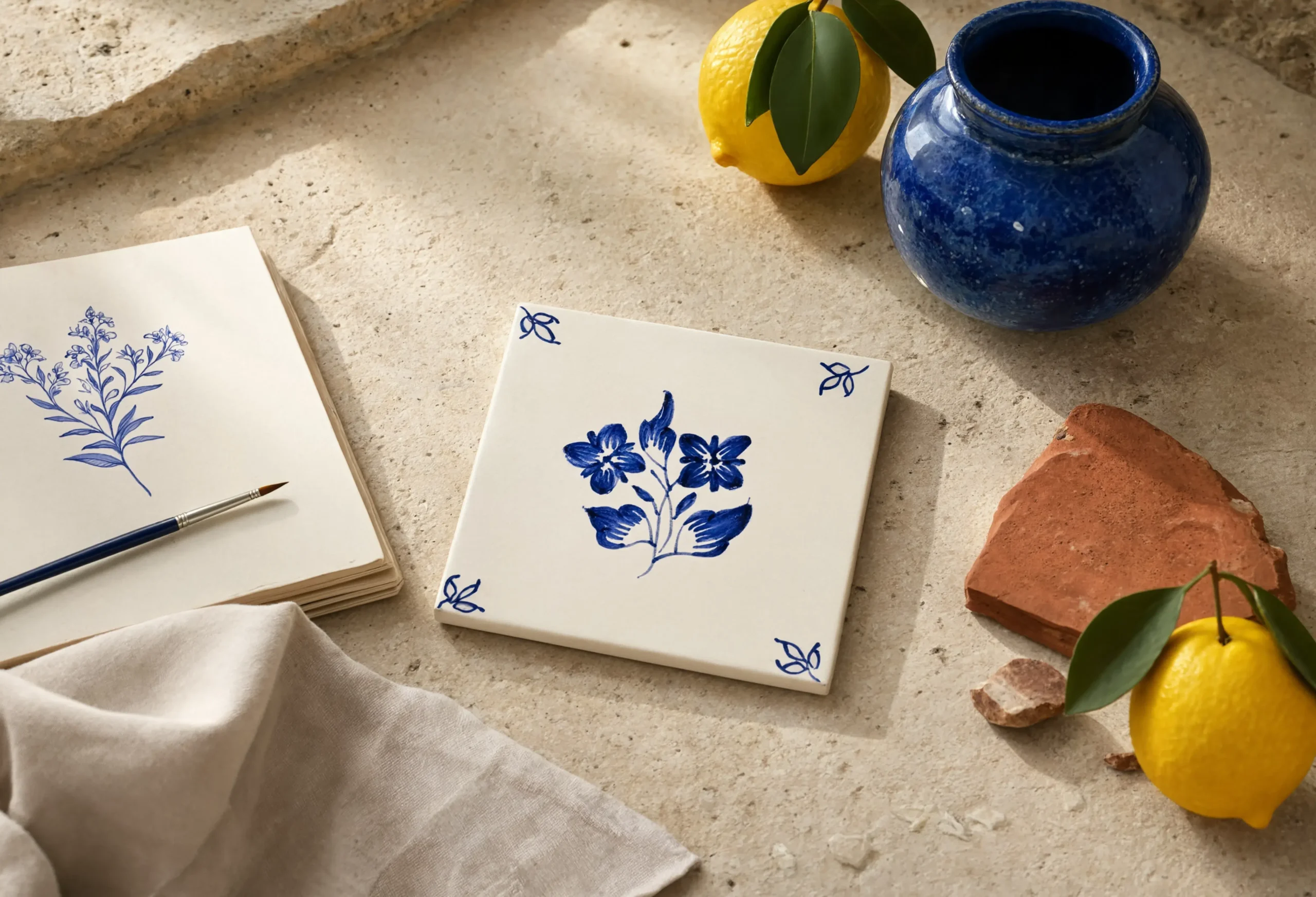 Hand-painted Delft-style ceramic tile with blue floral motif, styled with lemons, terracotta accents, artist sketchbook, and Mediterranean decor.