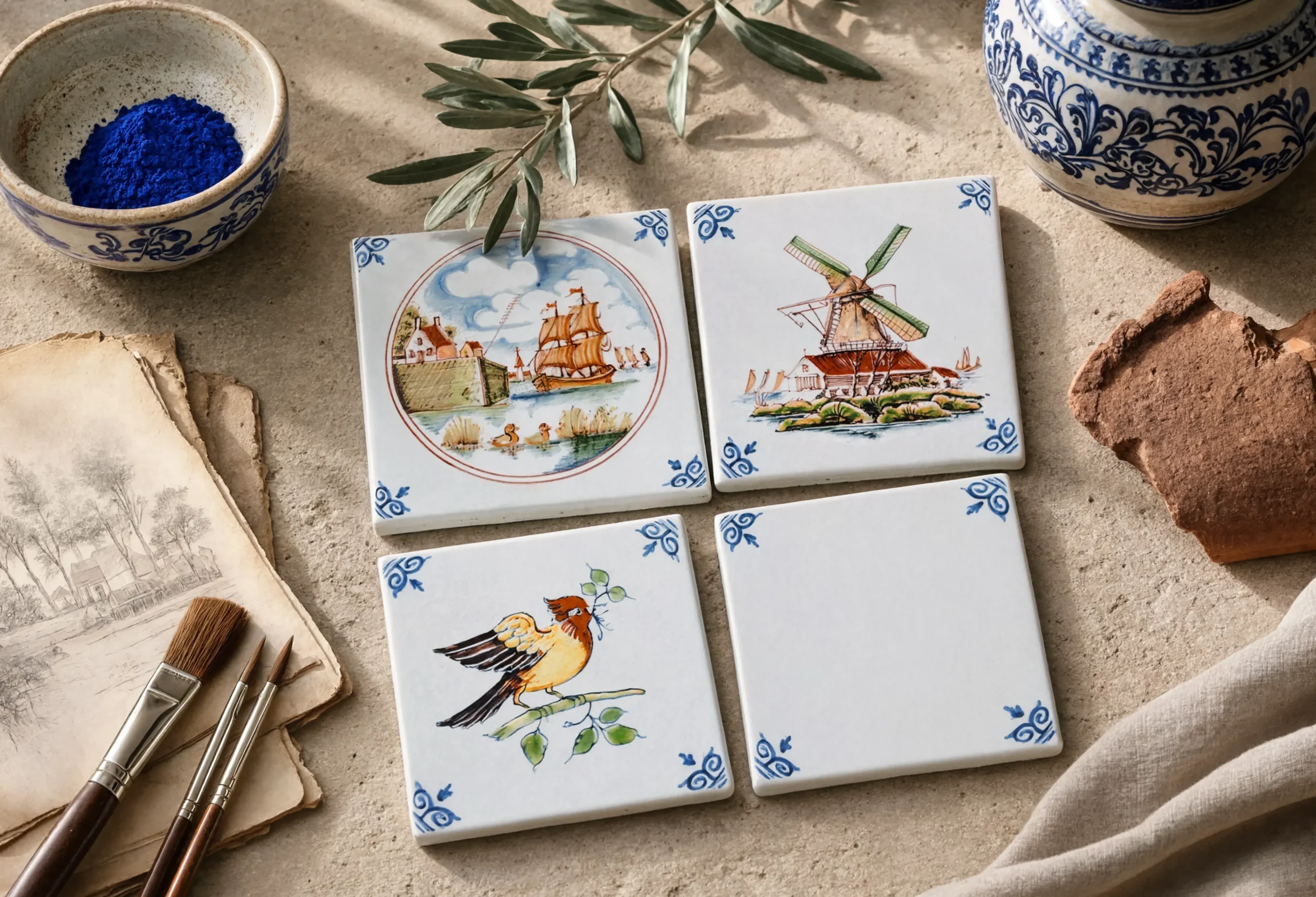 Delft heritage ceramic tiles with hand-painted windmill, bird, and ship motifs in a Mediterranean tile photoshoot.