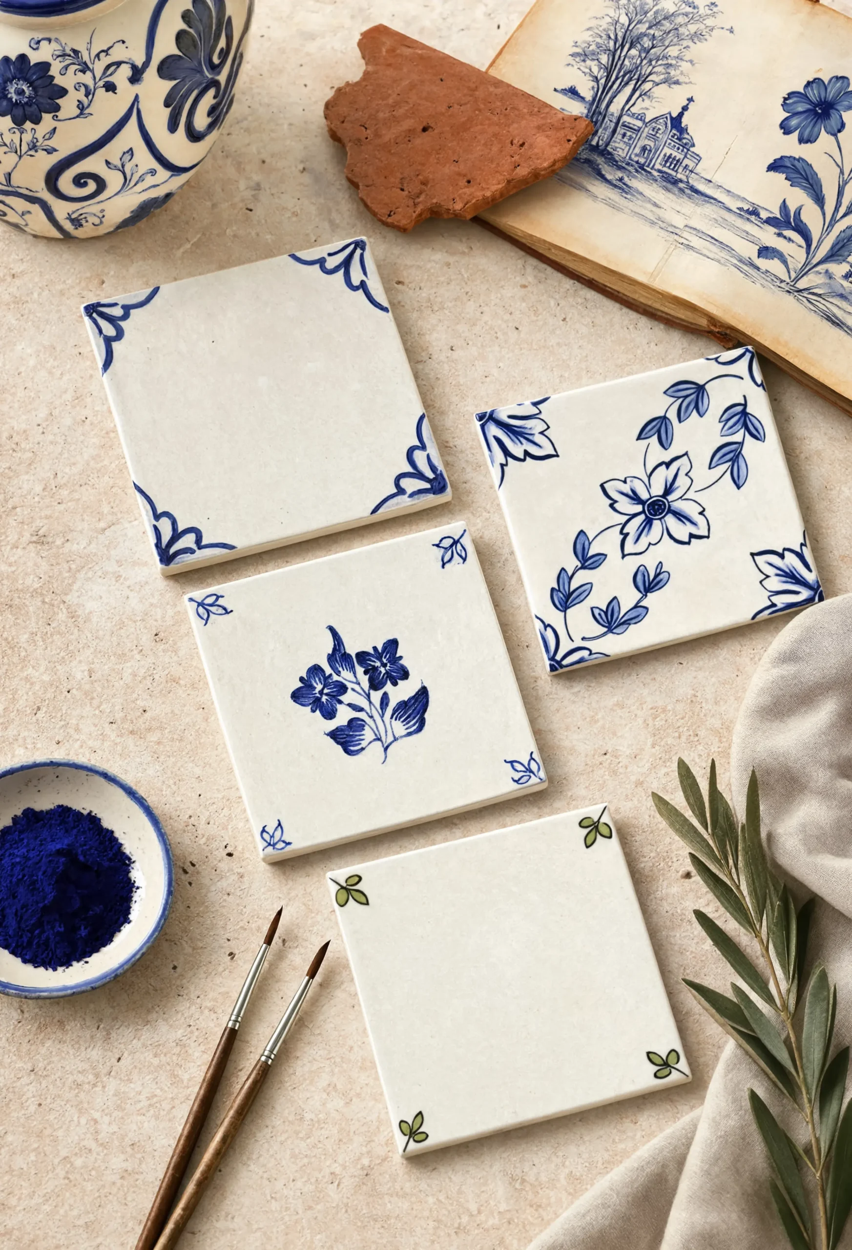 Delft-style ceramic tiles with blue hand-painted floral details, styled with artist brushes, cobalt pigment, terracotta fragments, and olive branches.