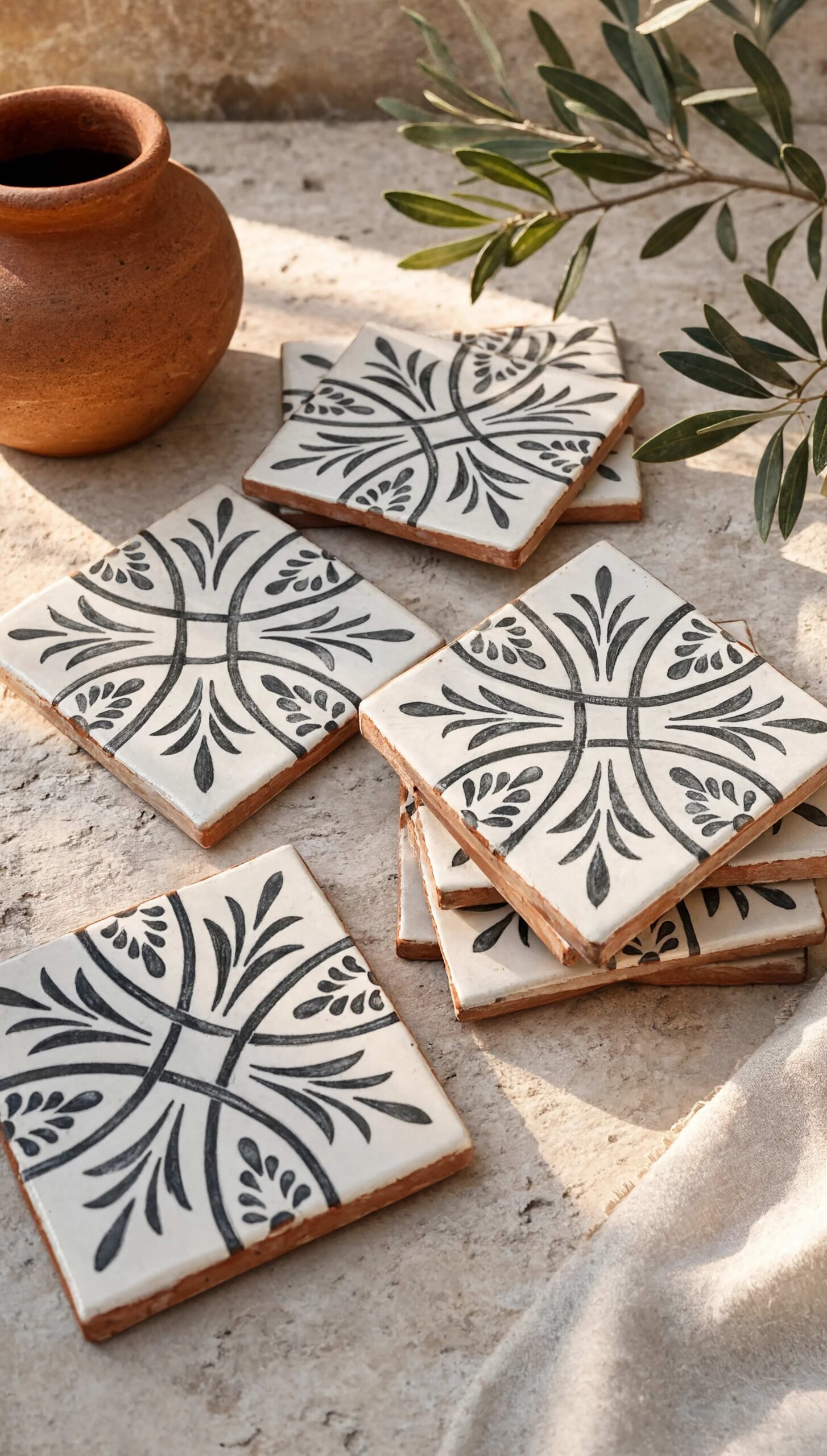 Evora patterned terracotta tiles with black floral design on white glaze, styled with Mediterranean pottery and olive branches