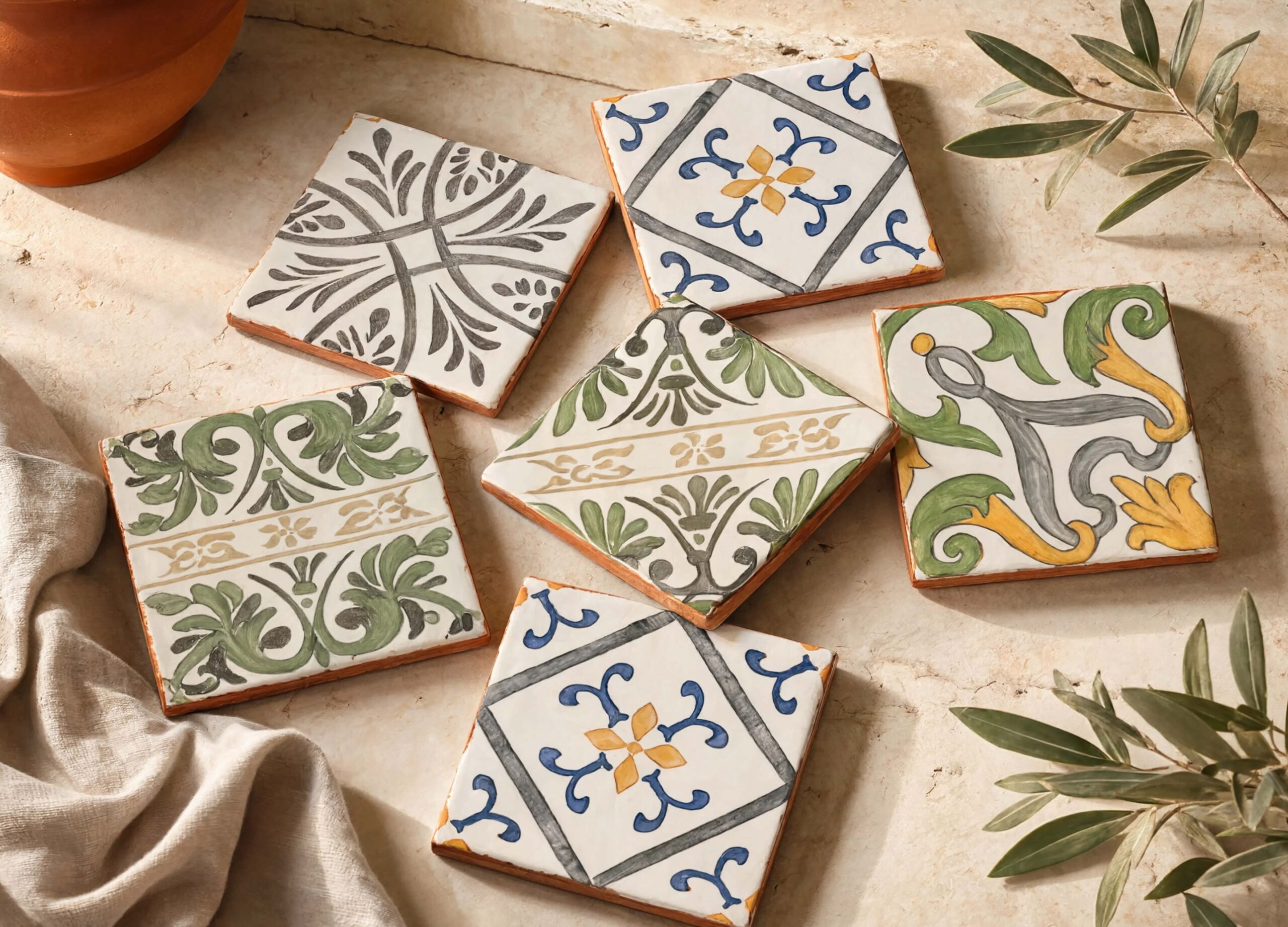 Evora Portuguese-inspired terracotta tiles with colorful hand-painted patterns, styled with olive branches and Mediterranean decor