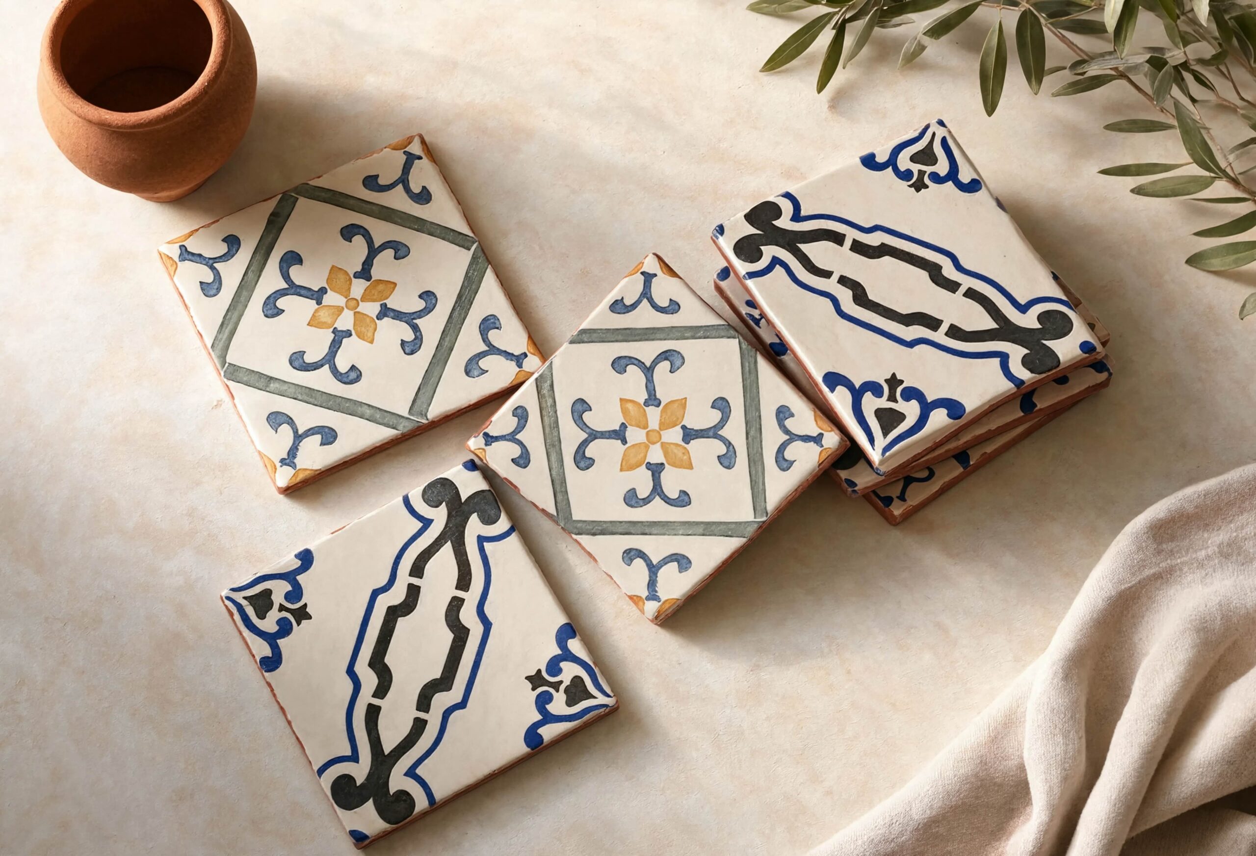 Evora blue and yellow patterned terracotta tiles with Portuguese-inspired designs styled with olive branches and Mediterranean decor