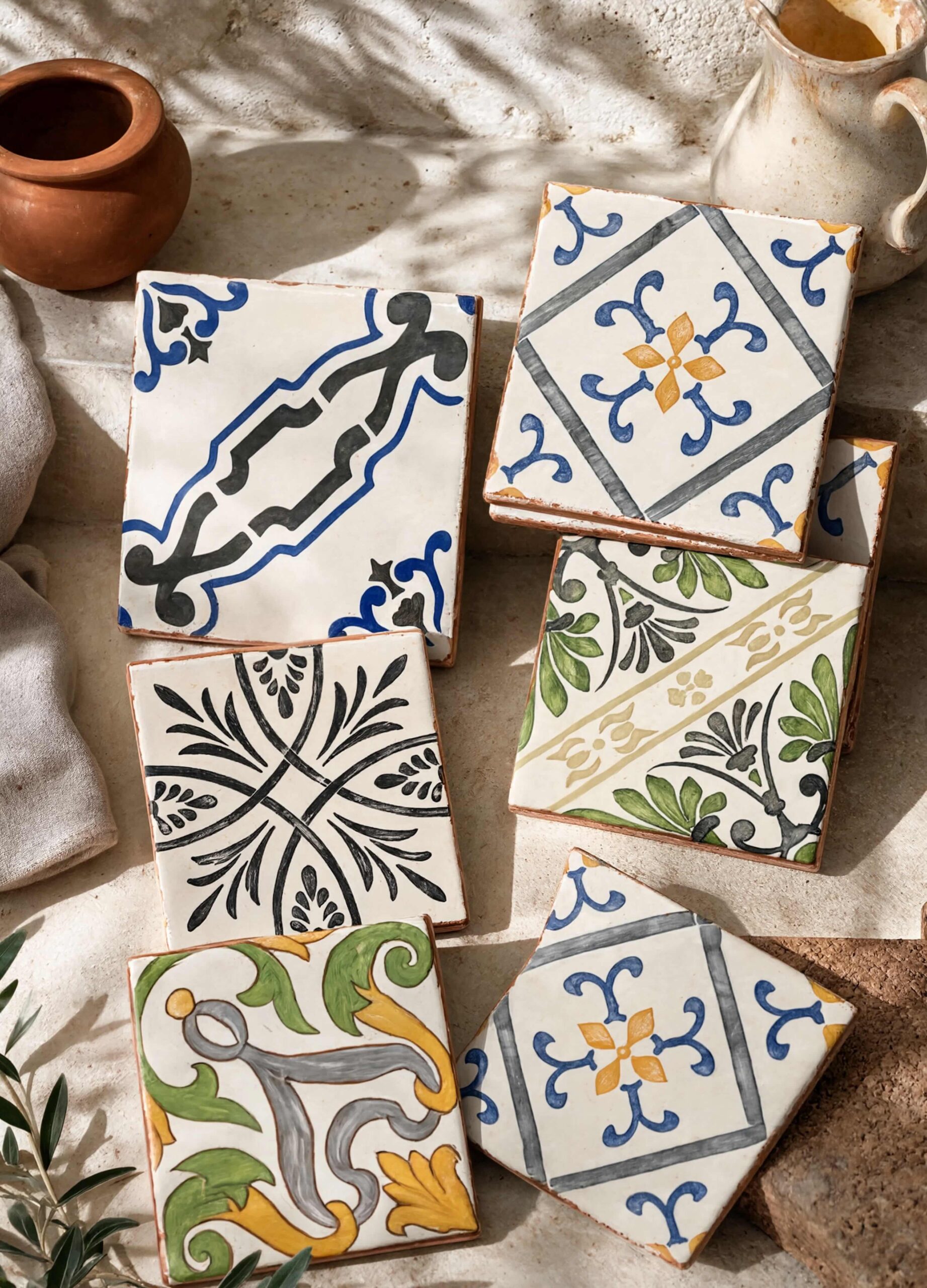 Evora patterned terracotta tiles with Portuguese-inspired blue, green, yellow, and black designs styled in a Mediterranean tile photoshoot