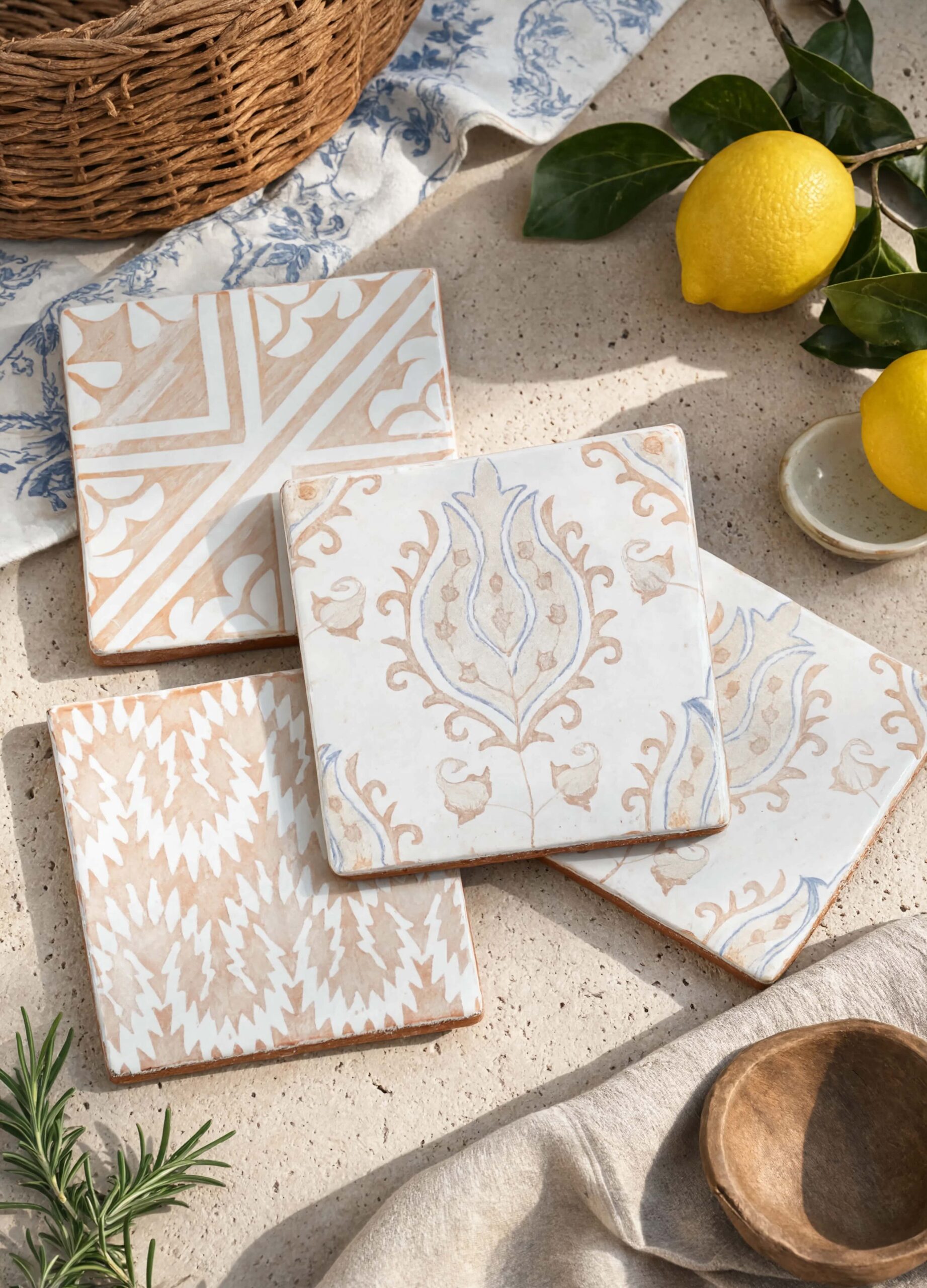 Antiqued Mallorca patterned terracotta tiles with soft peach and blue designs styled with lemons, linen, and Mediterranean market decor