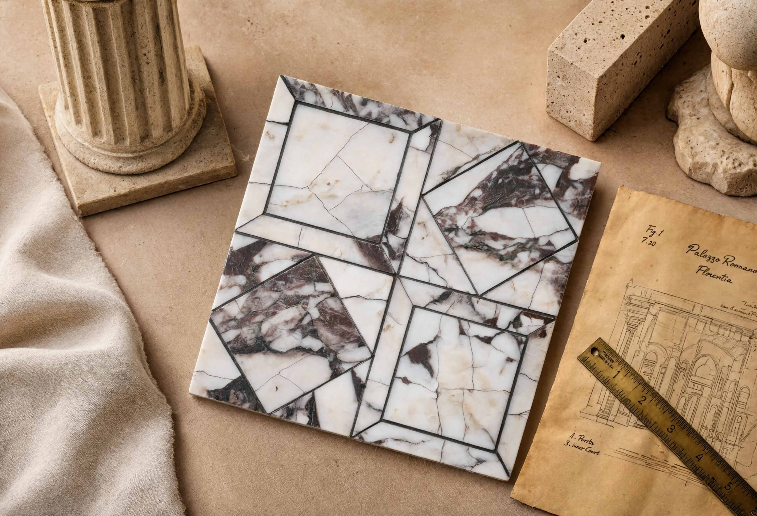 Roman-inspired 12x12 marble mosaic tile with geometric pattern, bold natural veining, and antiqued crackled finish styled with architectural drawings.
