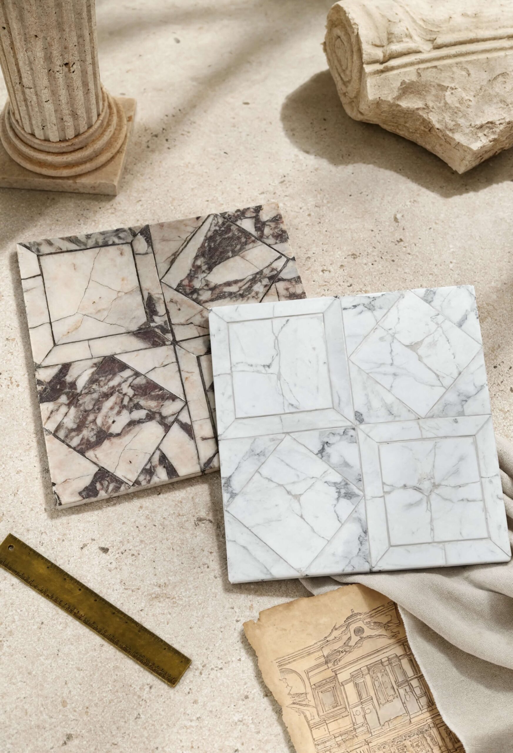 Two Roman-inspired marble mosaic tiles with geometric pattern, natural veining, and antiqued crackled finish, styled with classical stone details and architectural sketches.