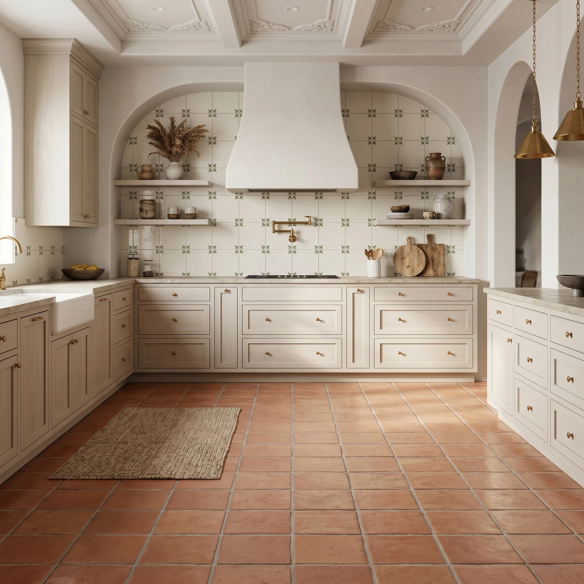 Mediterranean kitchen with terracotta floor tiles, cream cabinetry, brass accents, arched backsplash, and Delft-style ceramic wall tiles.