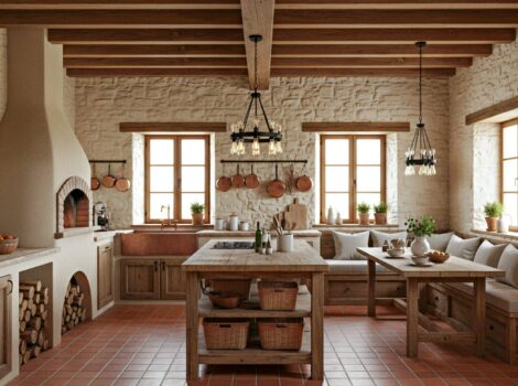 terracotta floor tile in mediterranean inspired hotel kitchen