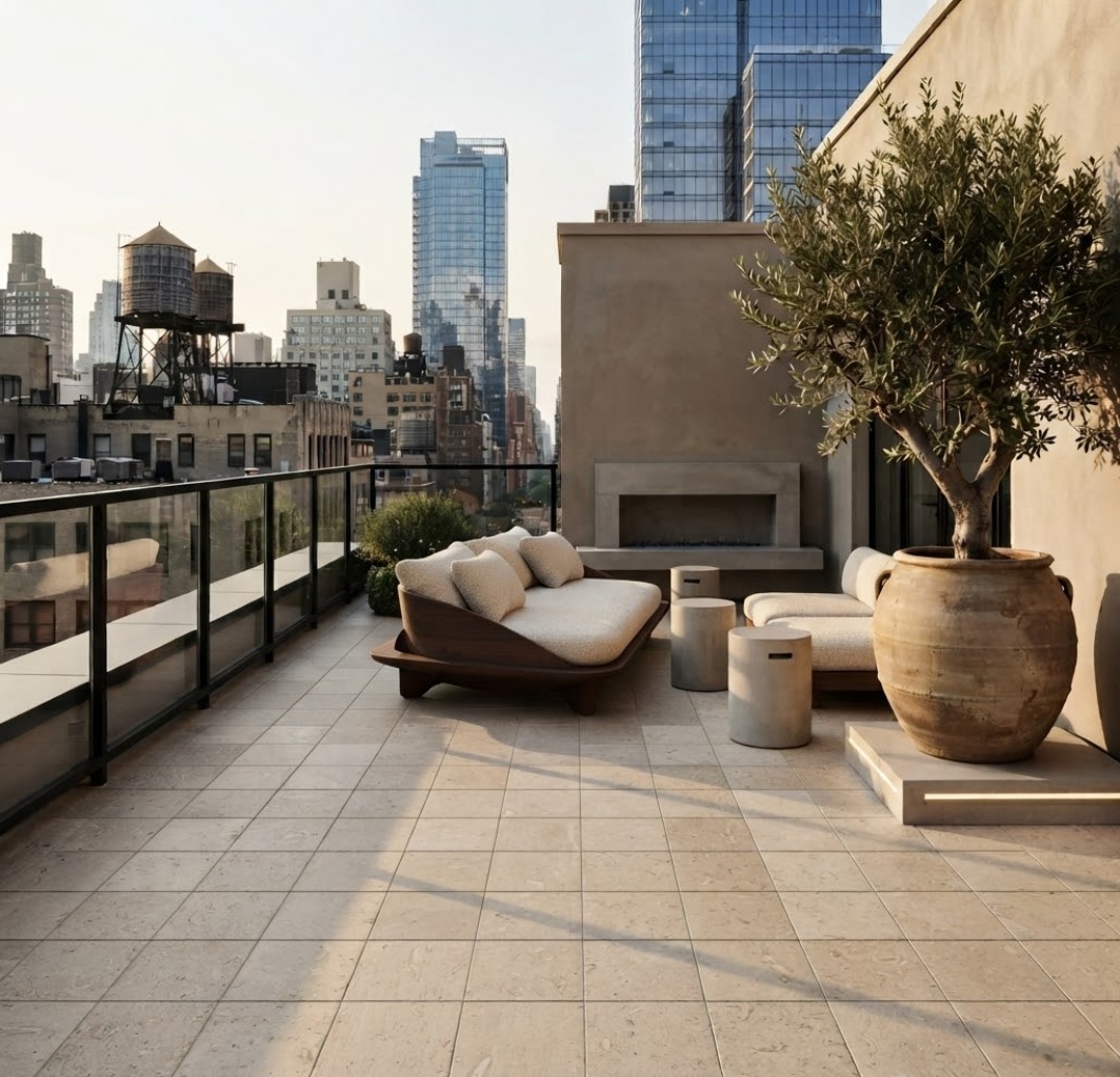 Beige limestone tile flooring on a modern New York rooftop terrace.