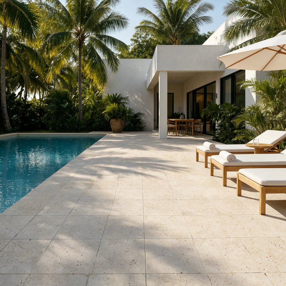 Luxury Miami outdoor pool deck showcasing beige brushed travertine tile flooring.
