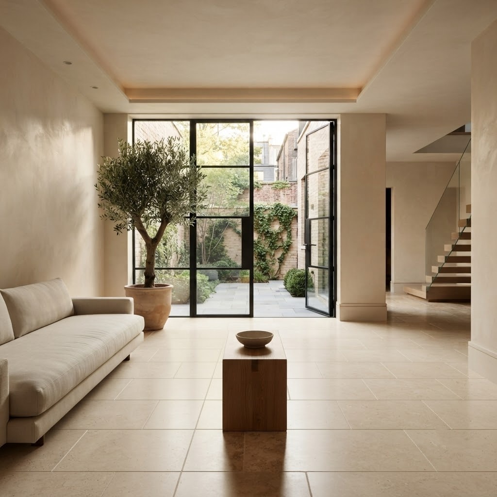 Beige limestone tile flooring in a modern New York home.