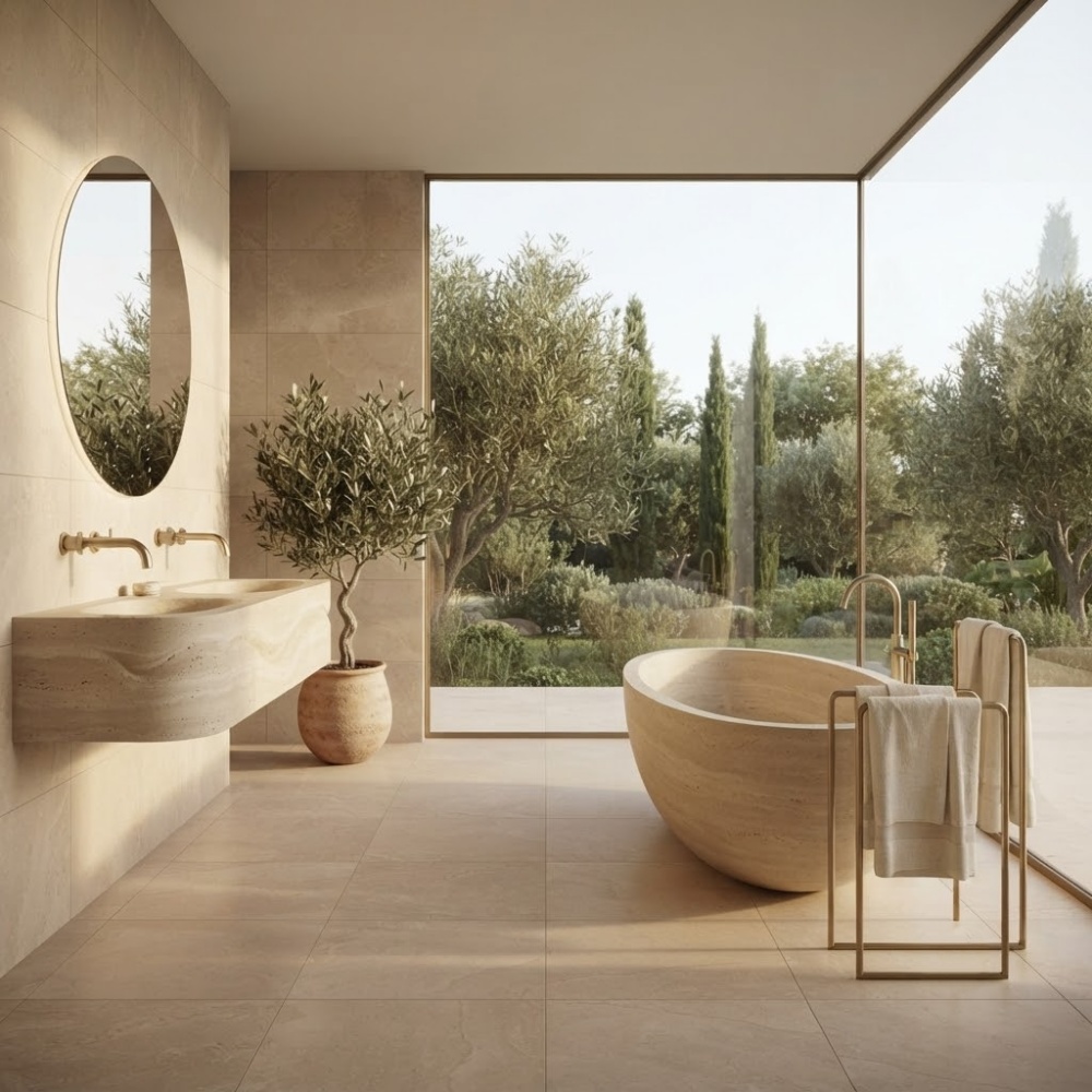 Beige honed marble tile flooring in a luxury bathroom design in Pompano Beach.