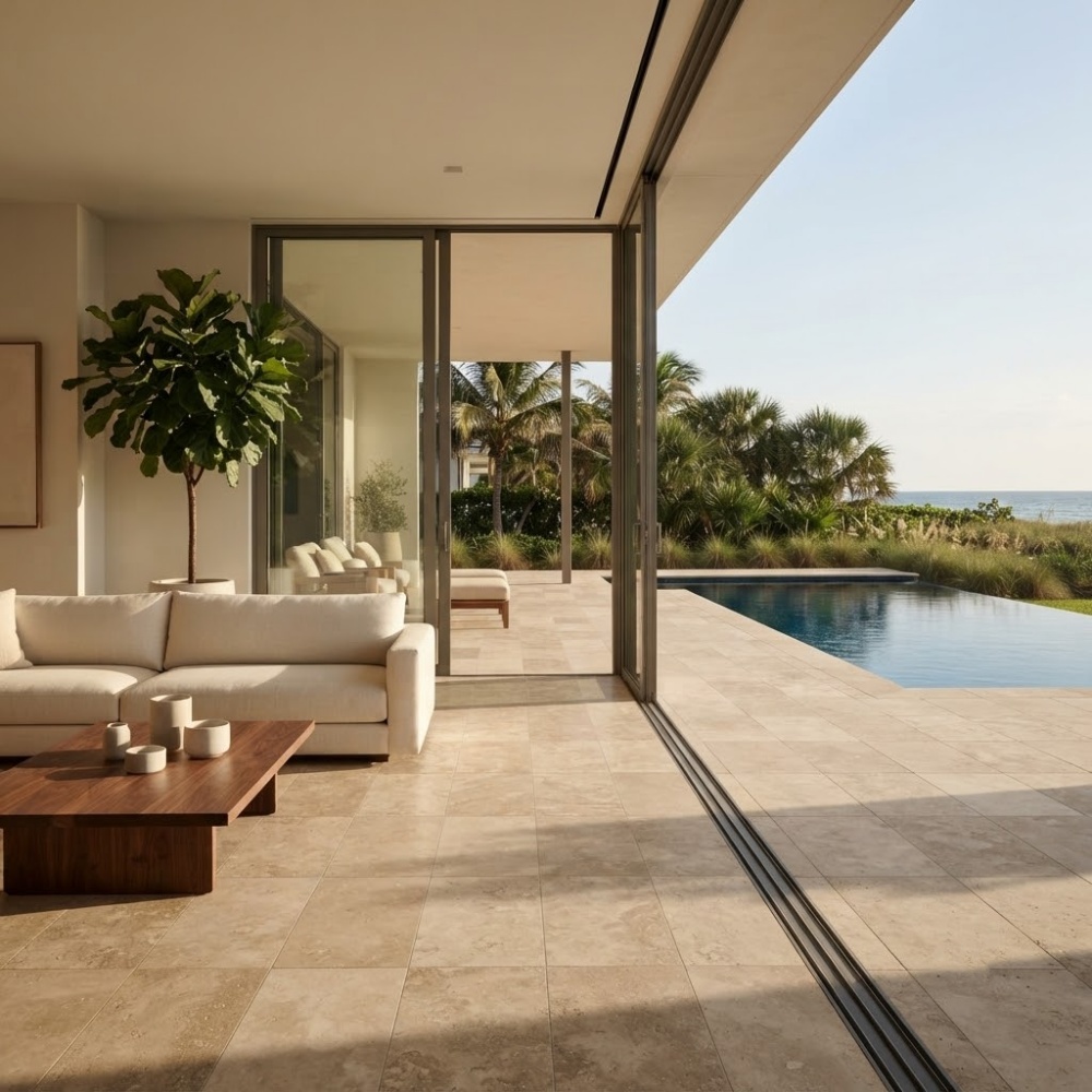 Roman honed blend travertine tile flooring outdoor pool patio in Pompano Beach.
