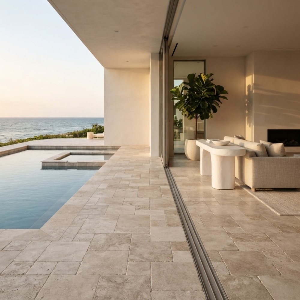 Beige marble paver flooring outdoor pool patio in Pompano Beach.