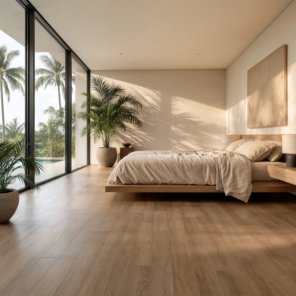 Luxury Miami interior showcasing beige matte wood look porcelain tile floors.
