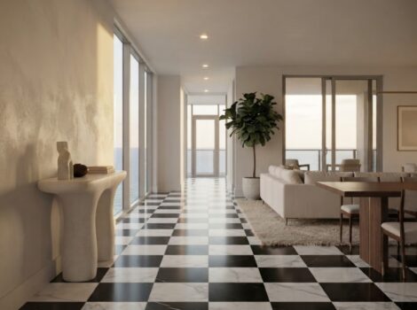 Black and Calacatta honed checkerboard marble tile flooring living space in Pompano Beach.