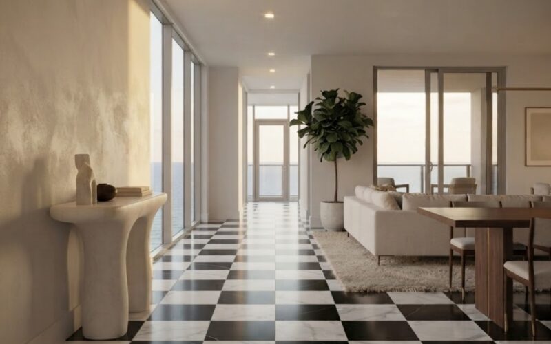 Black and Calacatta honed checkerboard marble tile flooring living space in Pompano Beach.