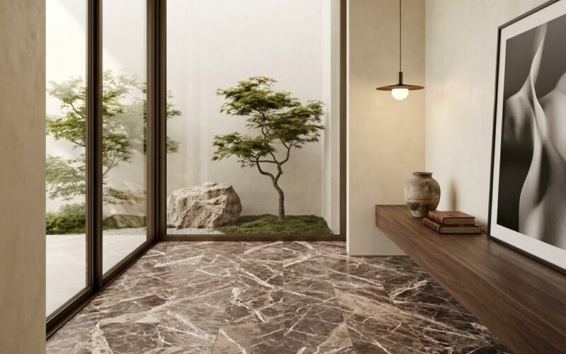 Brown marble floor tile installation in a modern entryway in Fairfax.