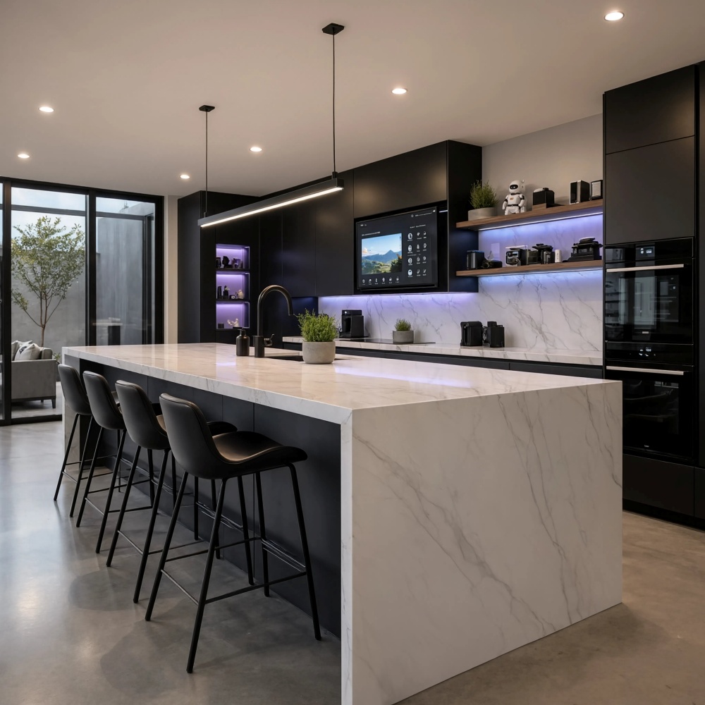 Modern luxury kitchen in Anaheim featuring a cascading natural stone marble island.